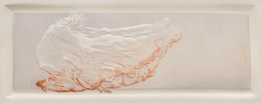 A female dancer in a forward crouch, wrapped in billowing fabric that sweeps above her head, rendered in soft red-orange marks on pale lavender.