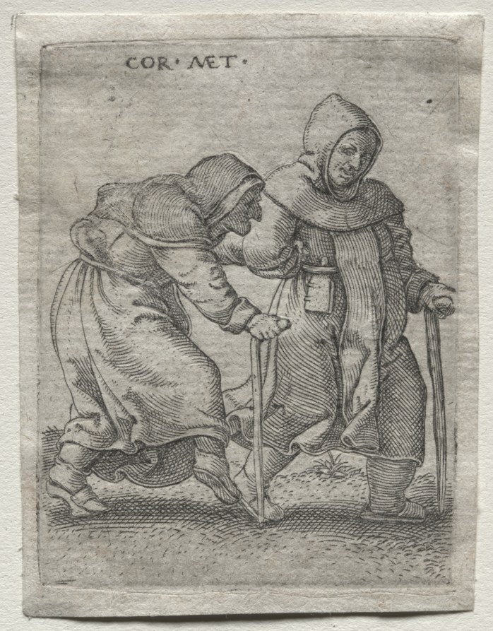Two women in 16th-century dress; the left bends forward sharply in an exaggerated bow while the right watches, holding a staff.