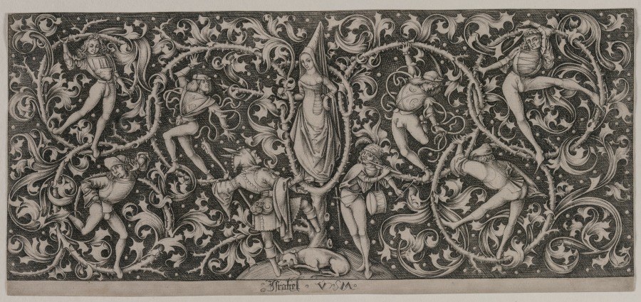 Engraving of five male dancers in Renaissance dress reaching toward a composed woman in a long gown, surrounded by two musicians and ornamental vines.