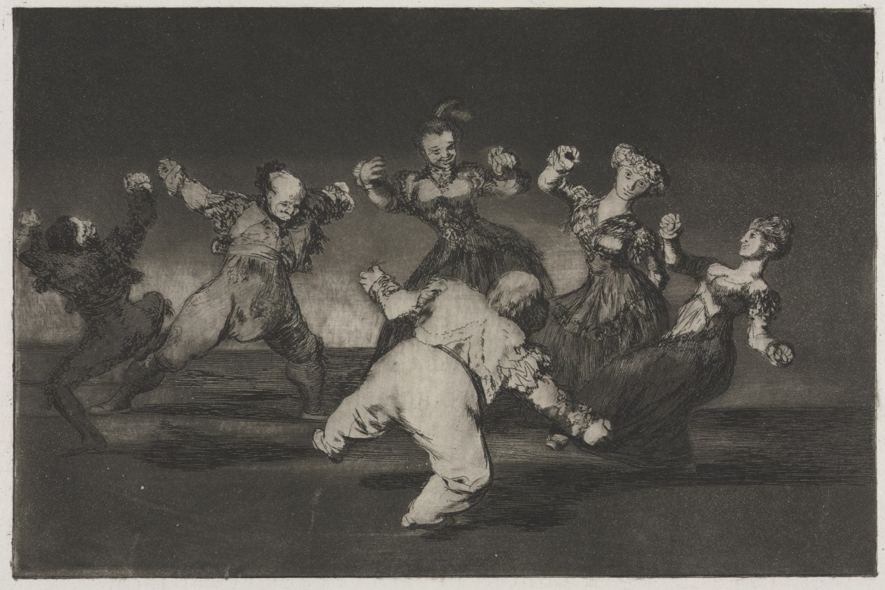 Etching showing a woman in a bent posture surrounded by gesturing women and one grotesque male figure in a dark interior, with castanets visible.