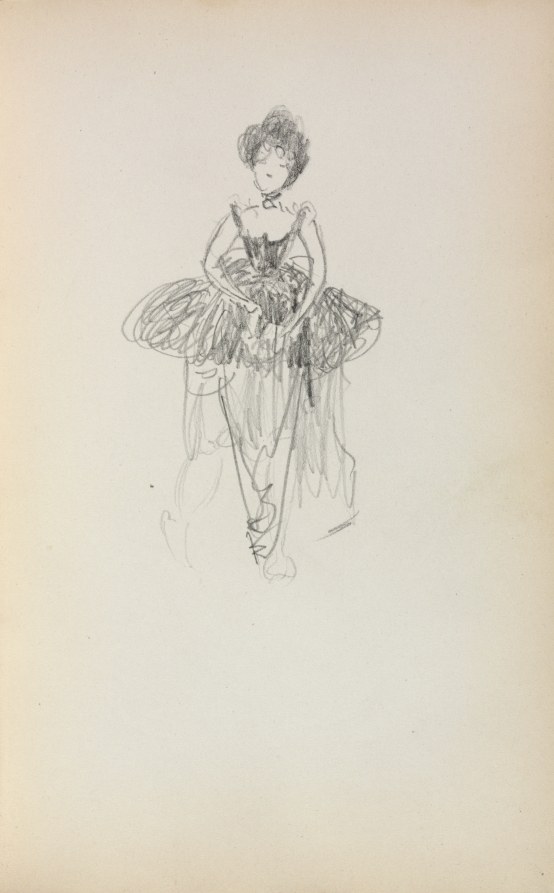 Pencil sketch of a late-19th-century female ballet dancer in a classical tutu and bodice, standing in an upright pose.