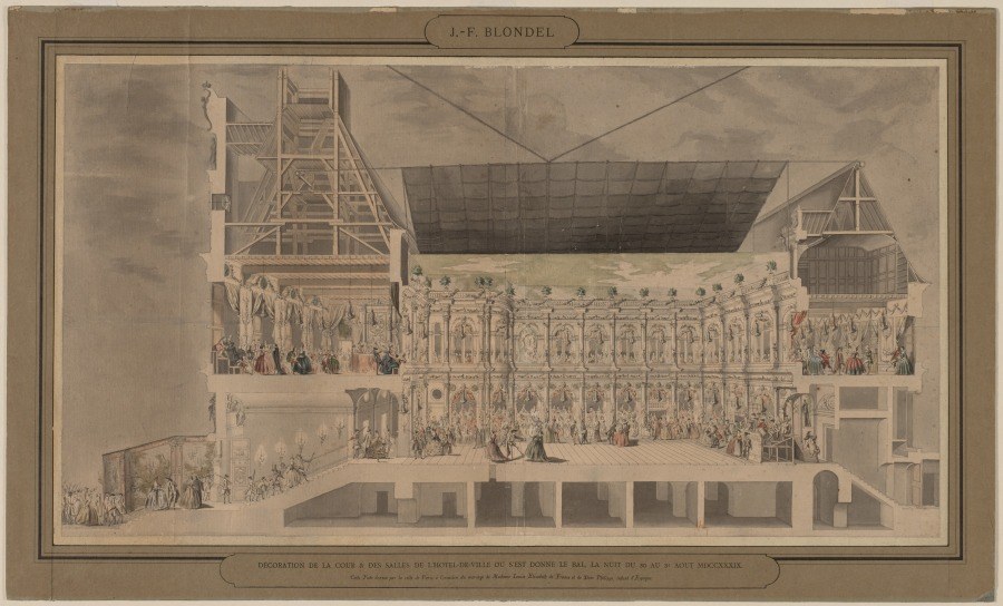 Architectural cross-section of an 18th-century French ballroom filled with hundreds of formally dressed figures in three tiers.
