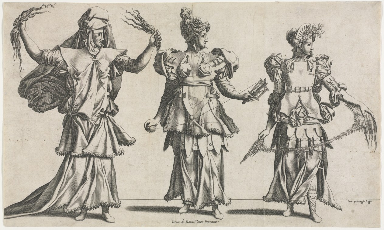 Engraving of three women in elaborate Renaissance costumes representing the Three Fates, standing in formal poses with raised arms holding attributes of
