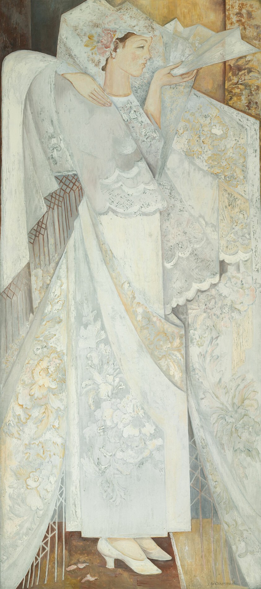 Woman in white lace gown and draped cape, standing in profile with fan, in elegant interior with patterned gold backgrounds.