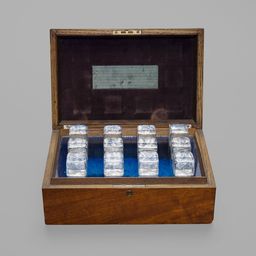 Open wooden box with blue interior containing sixteen identical glass blocks arranged in four rows, silvered tops catching light.