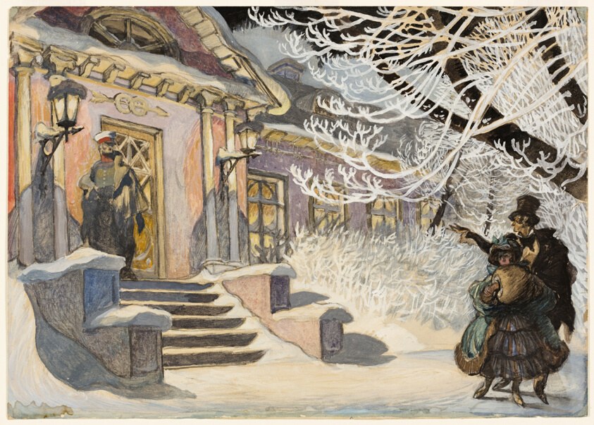 A snowy winter street at dusk with two formally dressed figures in conversation; a townhouse glows warmly on the left, frosted branches arch overhead.