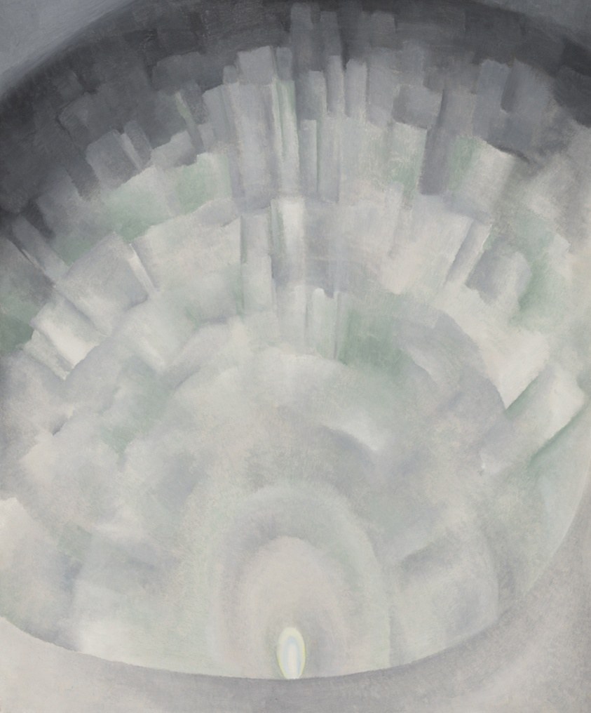 Oil painting of a monumental white tulle ballet skirt photographed from above, showing radial pleating and folds illuminated by theatrical light.