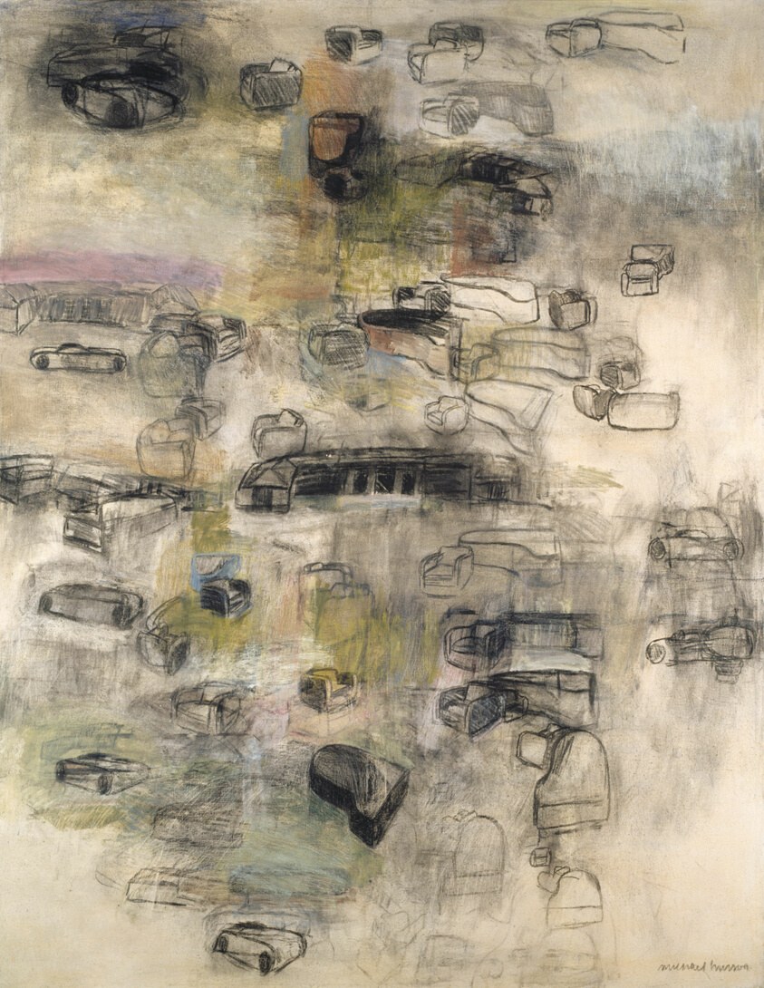 Oil and charcoal painting with dozens of sketched figures, mostly seated, surrounding a central architectural form on cream canvas.