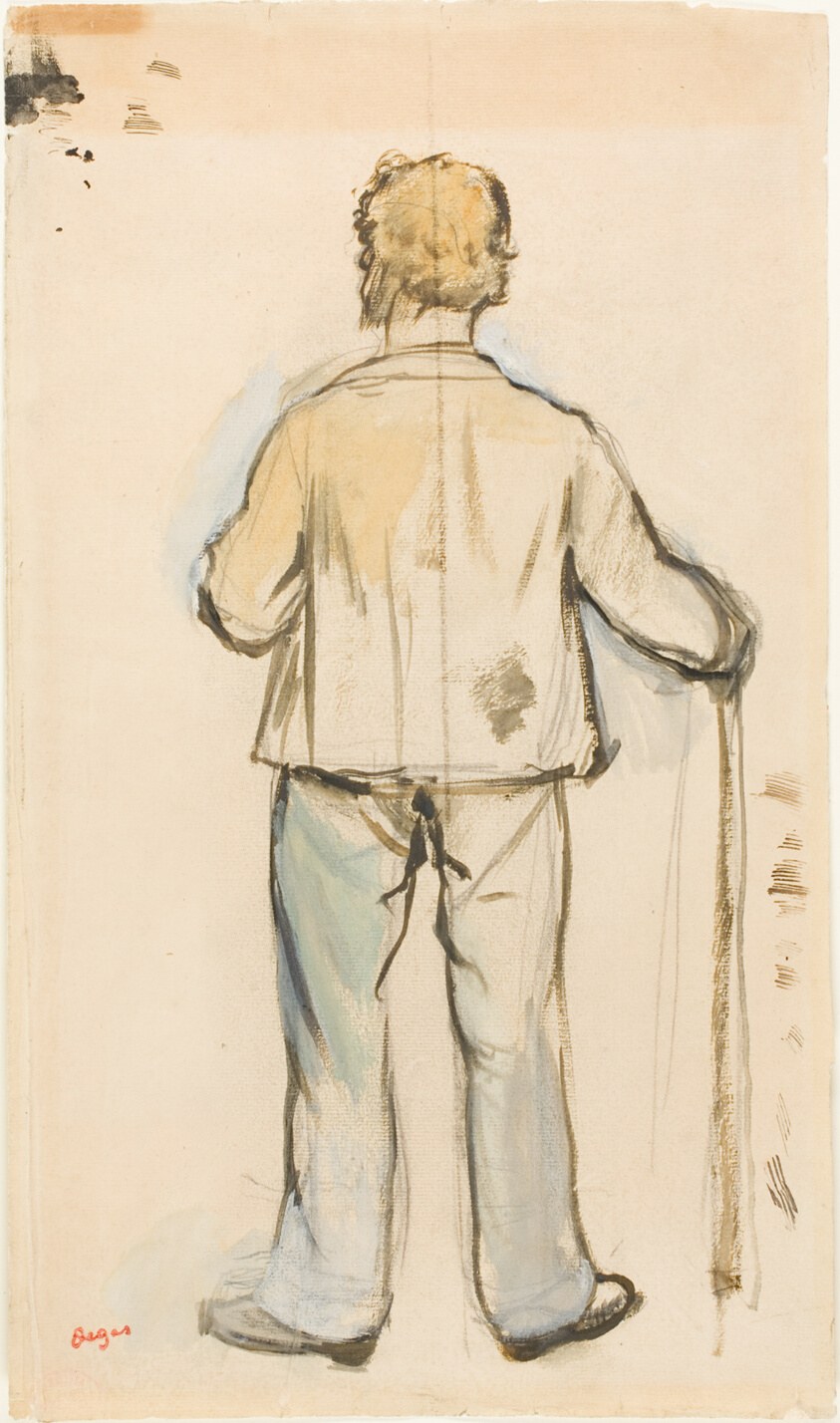 A standing man in plain jacket and trousers, facing away toward the upper right, rendered in watercolor and ink.