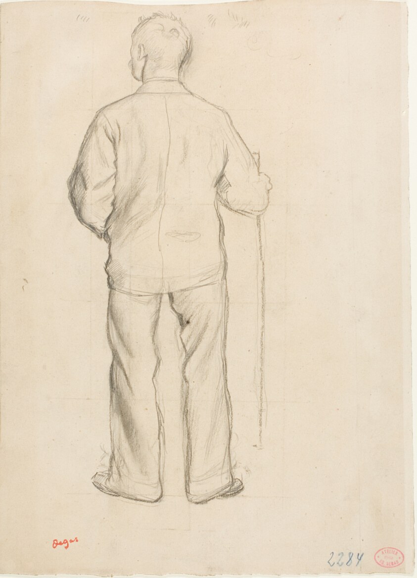 A man in nineteenth-century dress stands facing away, holding a cane, his posture formal and commanding.