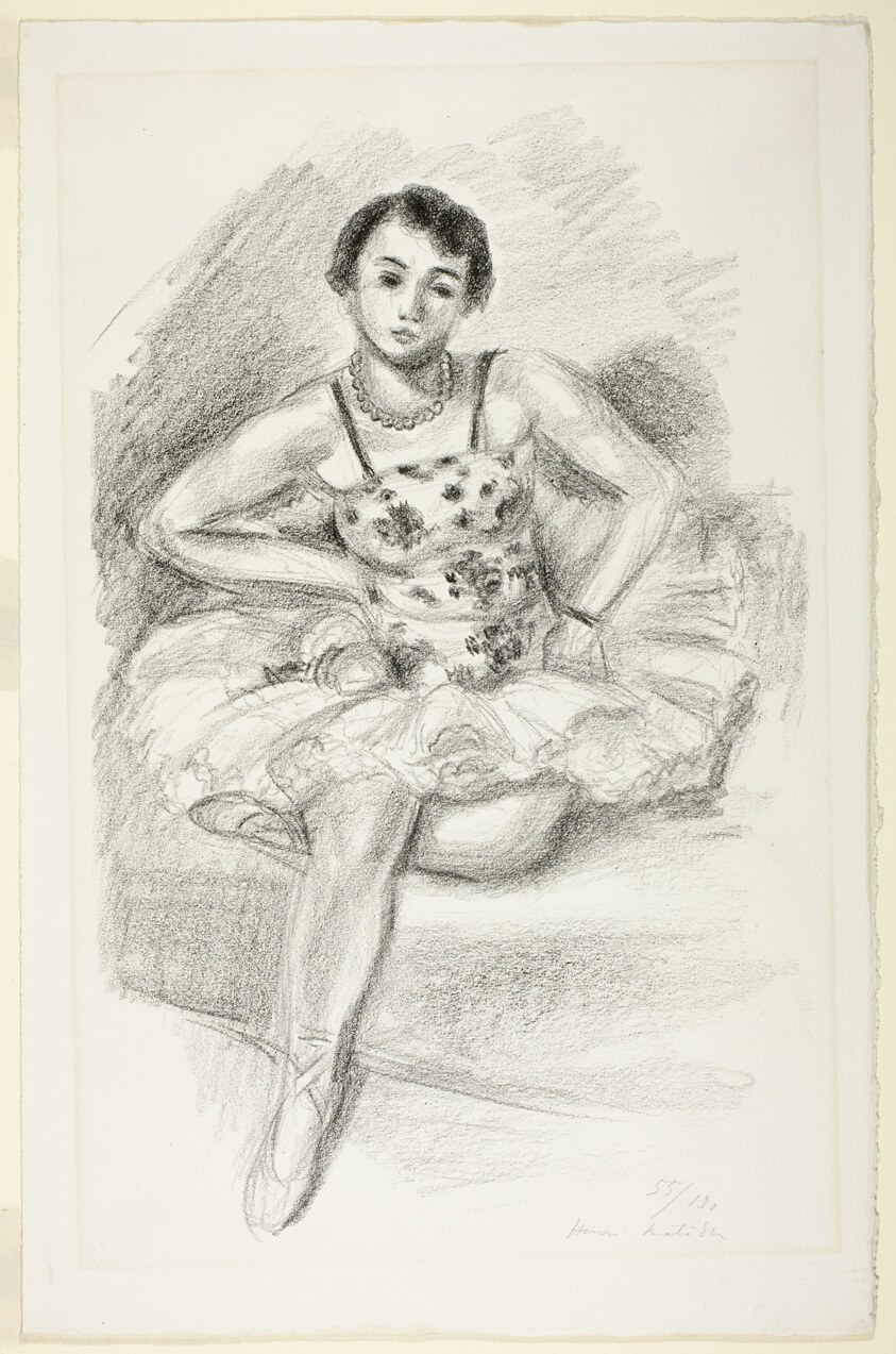 Young woman in a sleeveless dress sits relaxed, cradling a small spotted dog in her lap, rendered in soft charcoal tones.