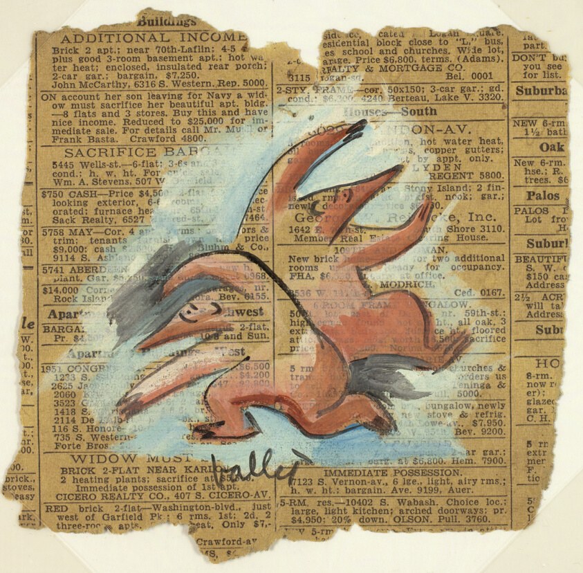 Three ballet dancers in classical positions rendered in gouache over newspaper clippings, their figures in reddish-brown tones against the aged, printed page.