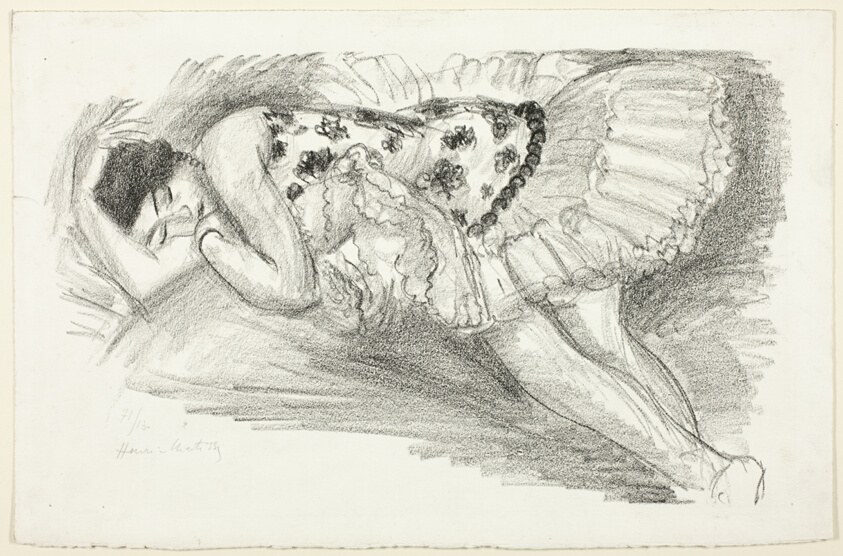 Lithograph of a female ballet dancer reclining on cushions, wearing a short decorated tunic, in a pose of complete ease and repose.