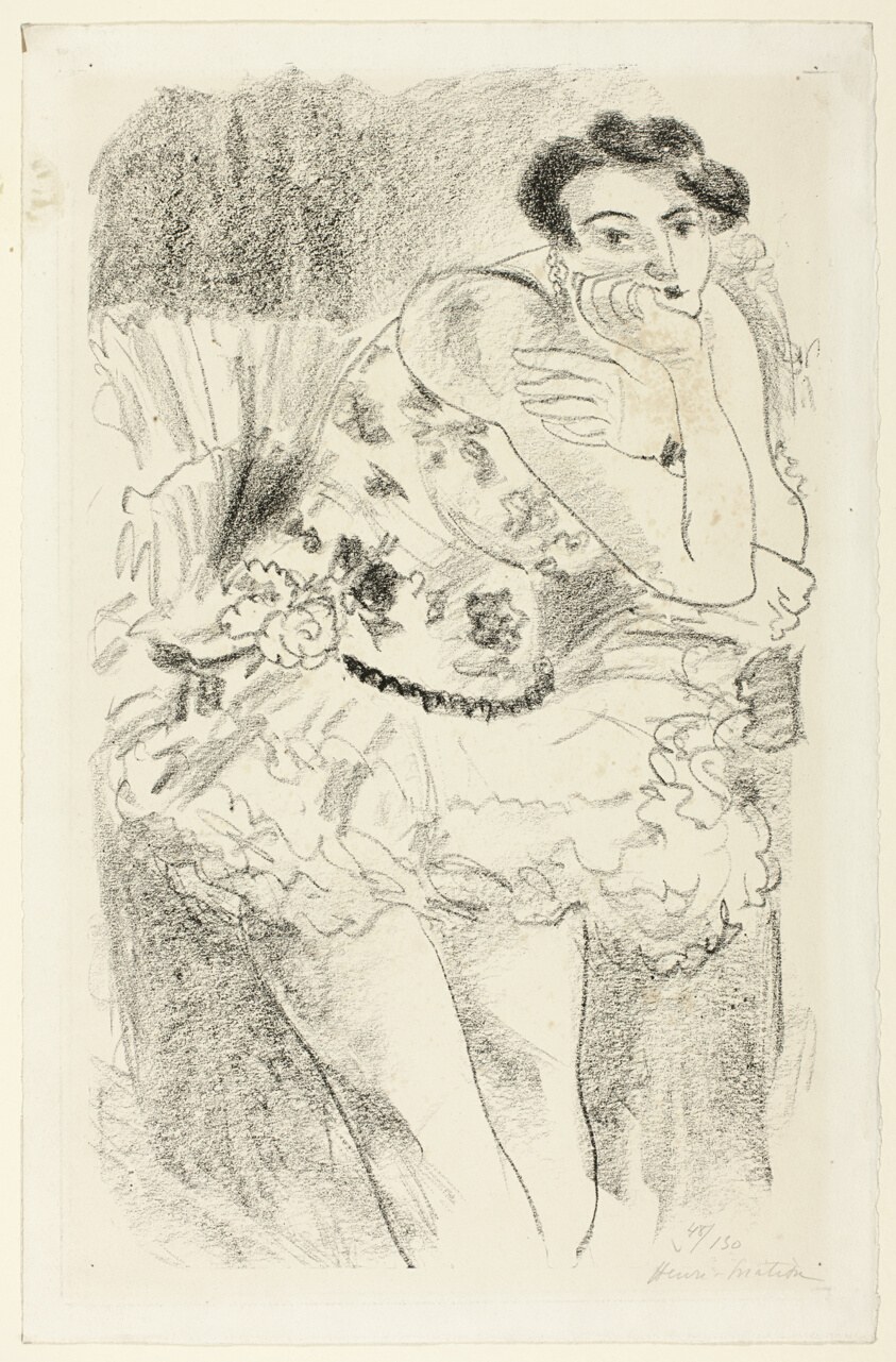 Lithograph of a female ballet dancer in a tutu, standing in classical pose with extended leg and raised arms, rendered in soft tones.