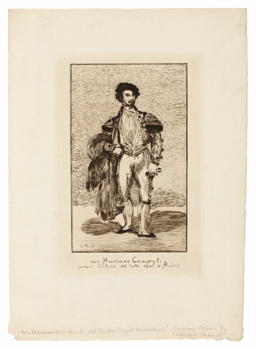 A well-dressed man in breeches, high collar, and ornate coat stands at ease against a plain background in an etching.