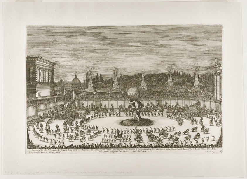 Overhead view of an elaborate equestrian ballet with mounted and pedestrian performers arranged in geometric formations around a central male sculpture in the