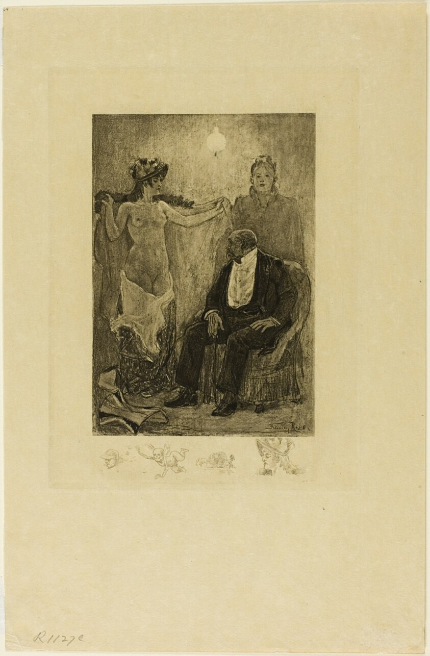 A seated gentleman observes a nude woman in classical pose while a clothed woman gestures toward her in a dimly lit interior.