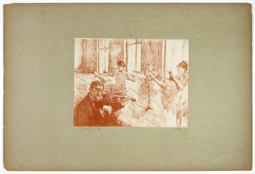Lithograph: male violinist in foreground playing while four female ballet dancers stretch and prepare in a Paris studio with tall windows.