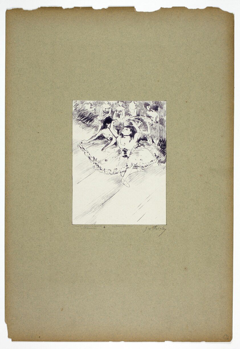 Two ballet dancers in tutus during rehearsal; left figure extends her leg, right figure gazes upward, in purple lithograph.