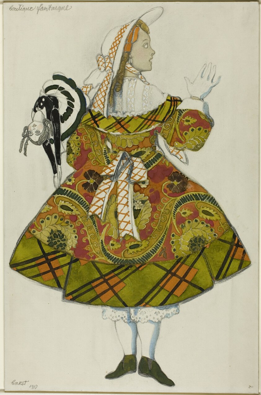 Costume design for a female dancer in an ornate green, orange and red patterned dress with feathered fan, tall headdress and white veil, arms raised in an