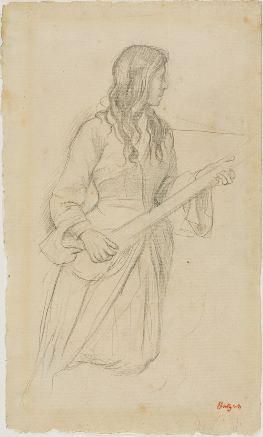 Graphite portrait study of a young woman in a fitted dress holding a mandolin, shown in three-quarter view with long wavy hair.
