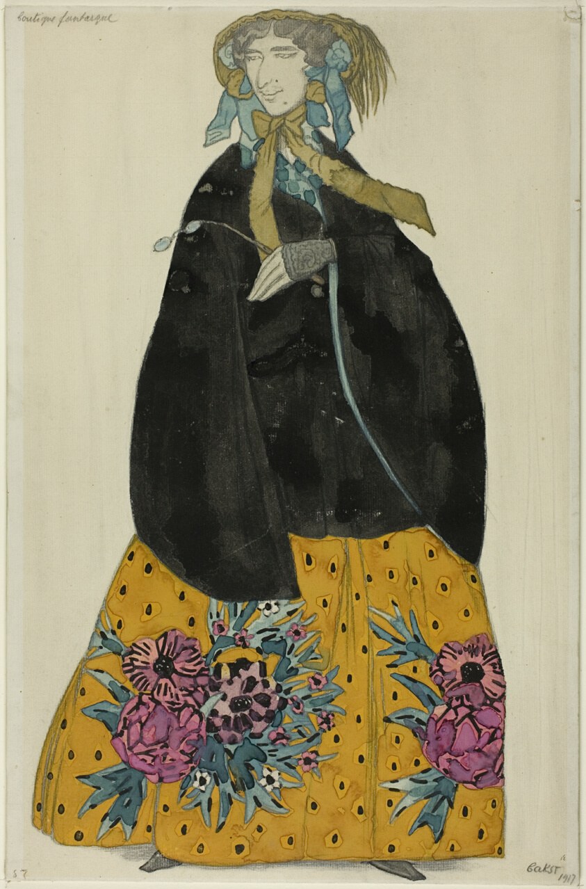 Watercolor drawing of a woman in an ornate black coat over a yellow flowered skirt, wearing an elaborate blue and gold bonnet with trailing ribbons.