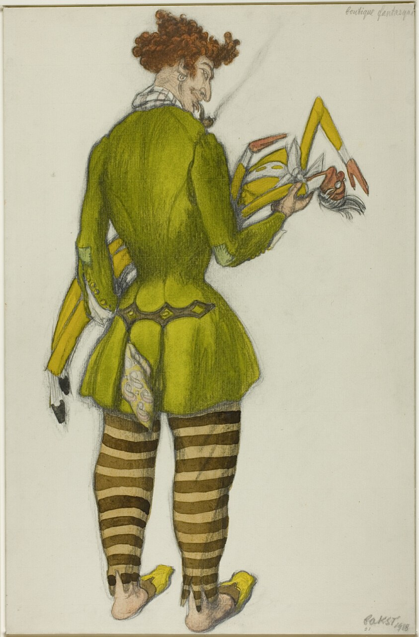 Watercolor costume design of a male figure in a lime-yellow jacket with peplum waist and boldly striped legs, exaggerated proportions, reddish hair, shown in