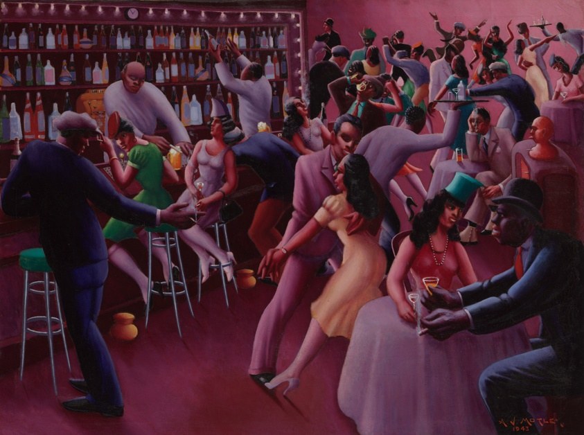 Dense nightclub interior filled with dancing couples and socializing patrons in warm magentas and purples, 1943.