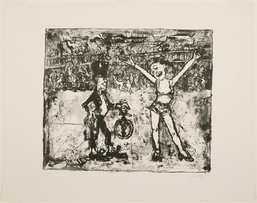 Transfer lithograph of a crowded formal ballroom with couples in evening dress, foreground pair in an tense dance hold amid dense background crowd.