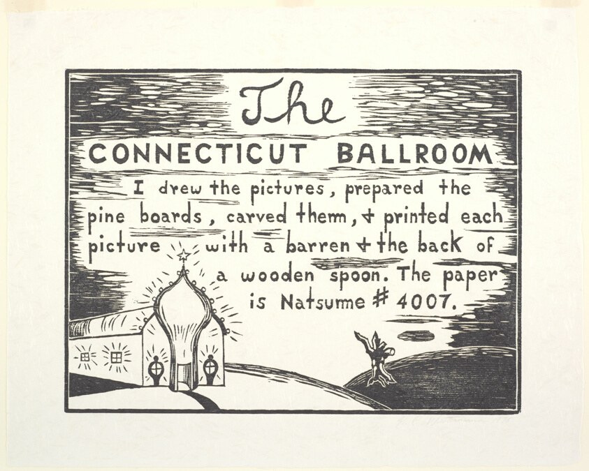 Woodcut print of an abstract architectural interior with a central bulbous structure and ornamental details, titled The Connecticut Ballroom.
