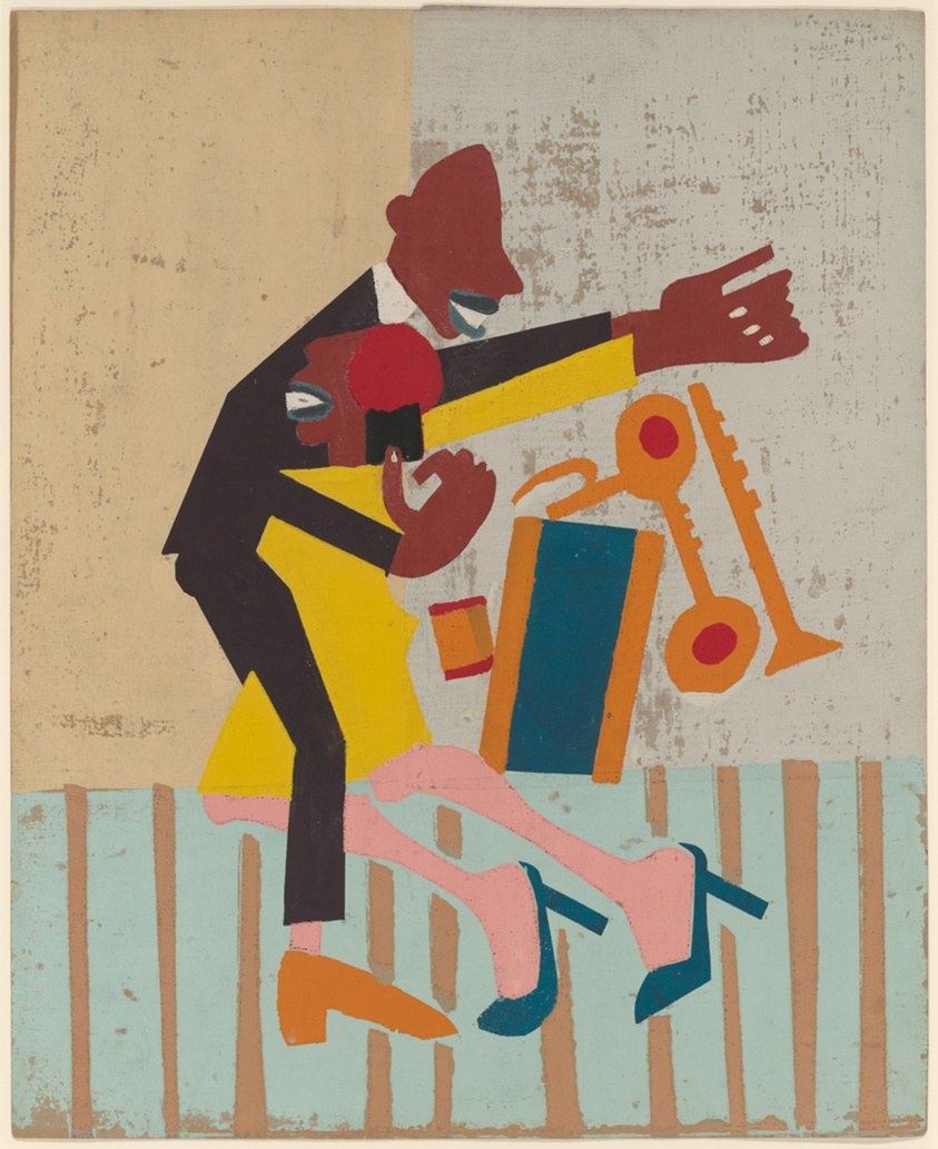 A modernist screenprint showing a couple in an energetic swing dance; the male figure in dark clothing leans back while propelling the female figure, whose