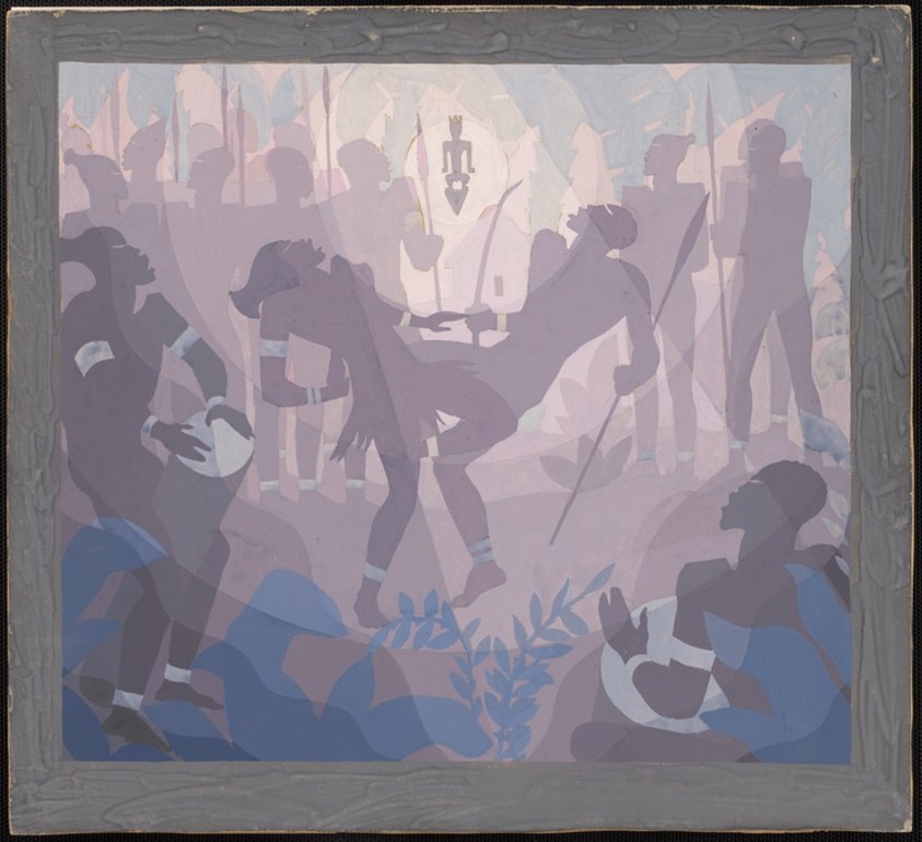 Silhouetted figures dancing and playing music in an African village setting, rendered in layered purple and blue tones.