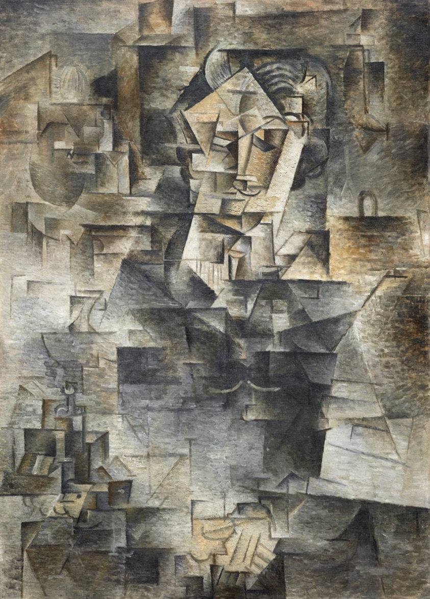 A cubist portrait in ochres and grays, with the figure fragmented into interlocking geometric planes and no trace of naturalistic anatomy or movement.