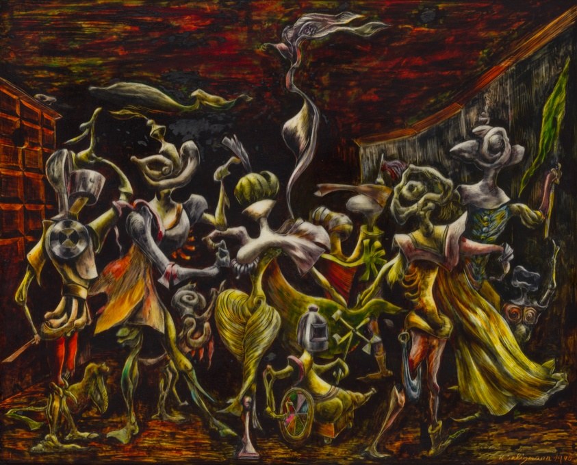 Eight contorted figures in flowing white and yellow drapery writhe in an infernal red space, lit as if by supernatural fire, their bodies arched and suspended