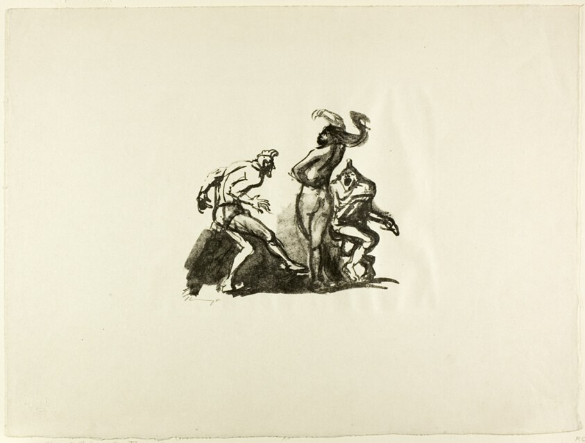 Three contorted figures in twisted postures perform an exuberant dance, rendered in bold gestural lines and dark shading.