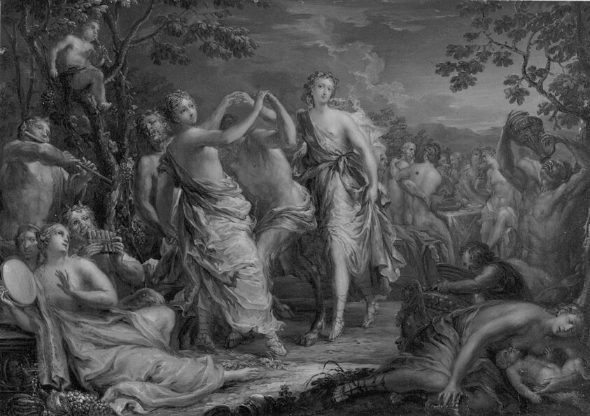 Baroque oil painting of nude and draped figures dancing in ecstatic poses among trees at dusk, holding wine vessels.