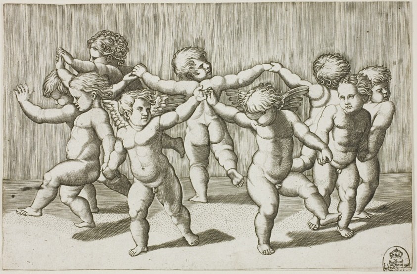Eight nude or partially draped putti with wings gesture and play in overlapping poses in an engraving with fine parallel lines creating depth.