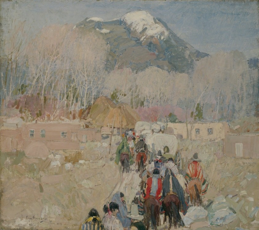 Mounted figures in red and dark clothing traverse a snowy mountain pass; snow-capped peaks and bare trees in background.