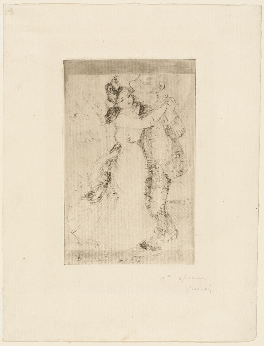 A soft-ground etching of a couple in close embrace dancing outdoors, the woman's full skirt caught mid-turn, landscape loosely indicated behind them.