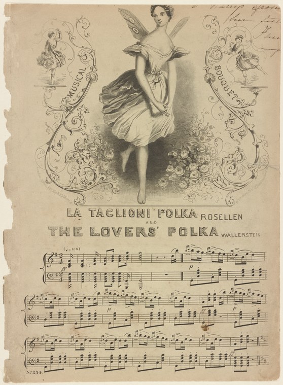 Lithographed sheet music cover showing a female dancer in mid-leap, wearing a flowing dress and shawl, surrounded by ornamental scrollwork and cherubs.