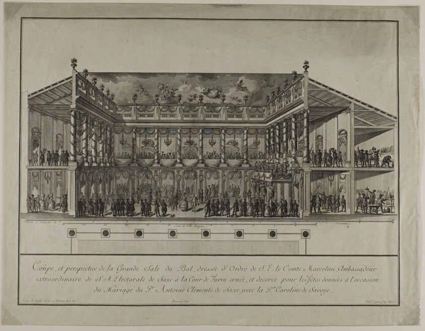 Etched cross-section of an ornate 18th-century ballroom showing multiple stories with figures in formal dress, galleries, decorated ceiling, and musicians.