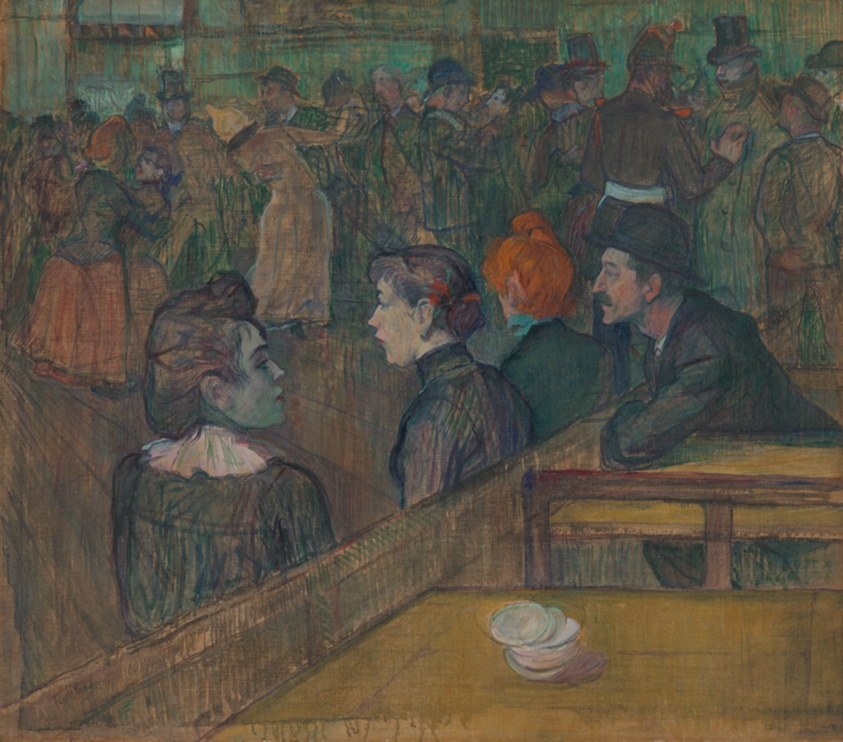 Crowded interior of a dance hall with foreground figures watching, background dissolving into a mass of dancers and onlookers in warm, muted tones.