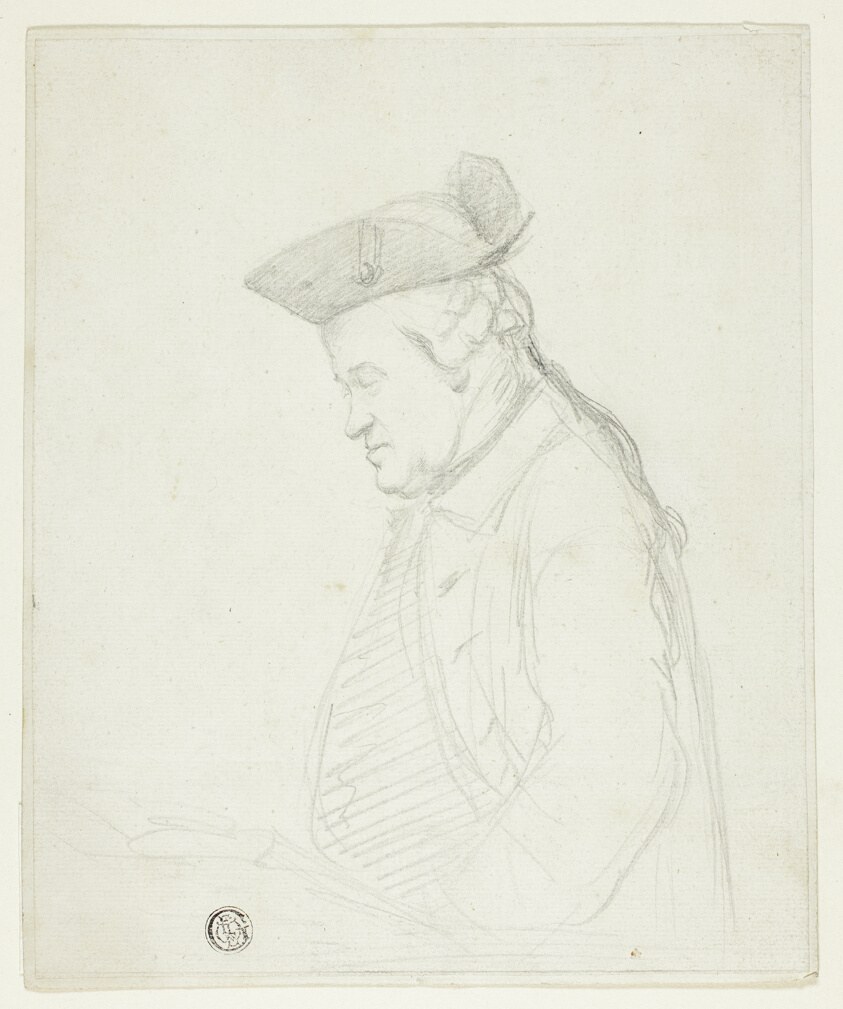 Graphite portrait drawing of a man in profile, wearing eighteenth-century dress with a coat and collar, his hair tied back.
