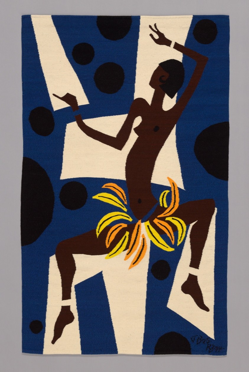 Dark brown silhouette of Josephine Baker in dynamic pose, arms raised, wearing yellow-and-orange banana costume detail, against geometric blue and cream
