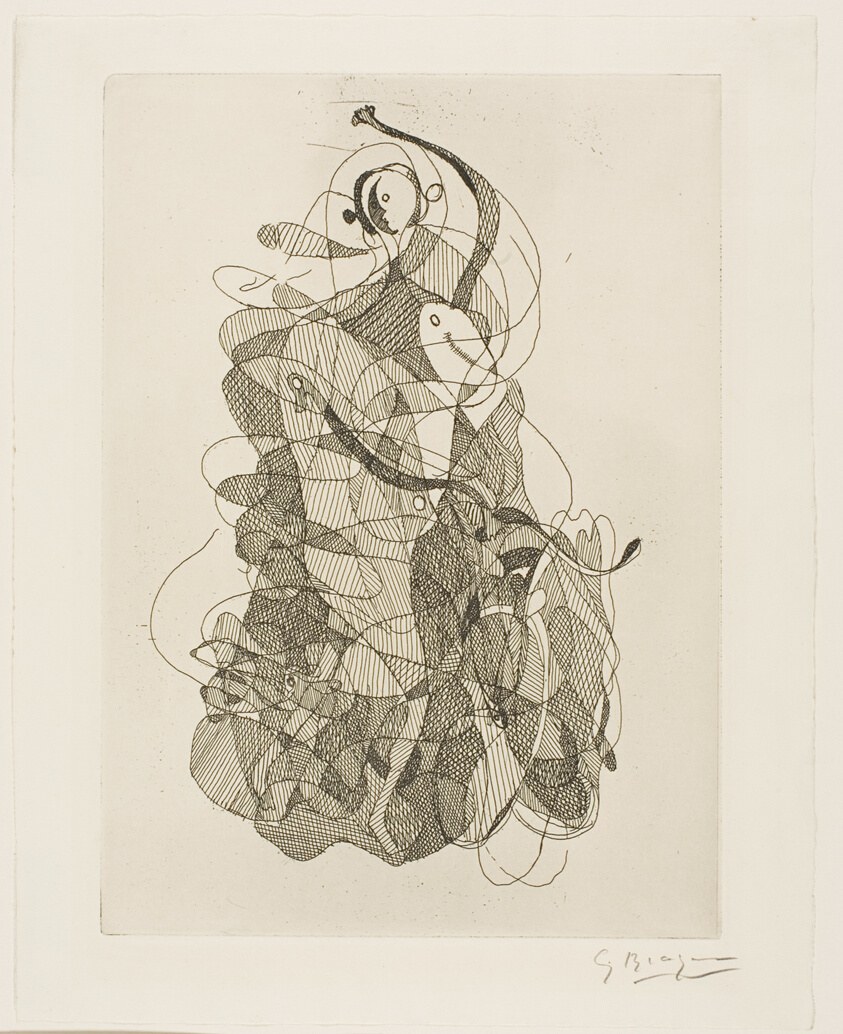 Abstract etching of a figure in upward-reaching gesture, rendered entirely through parallel and cross-hatching lines in brown ink.