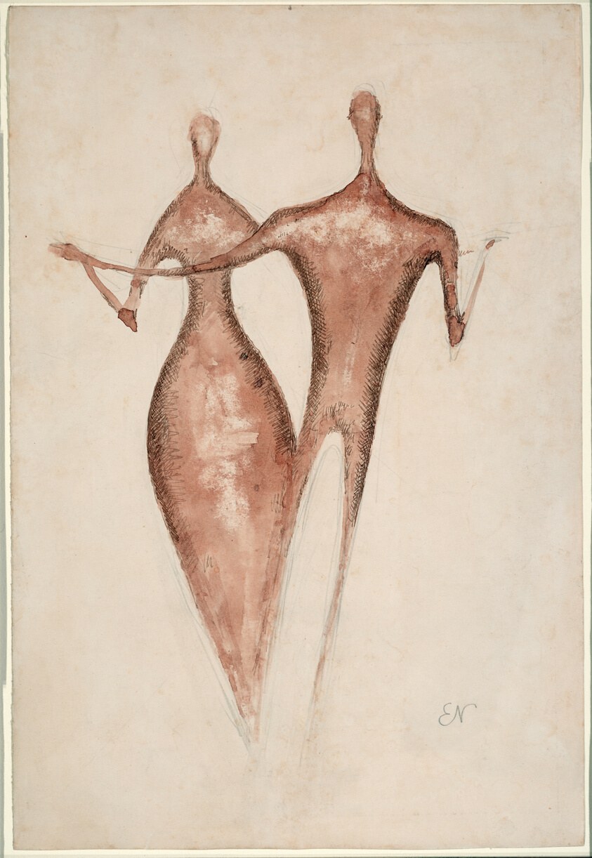 Two abstracted figures with tapering bodies and featureless heads display extended arm gestures in warm terracotta tones, suggesting the posture of tango