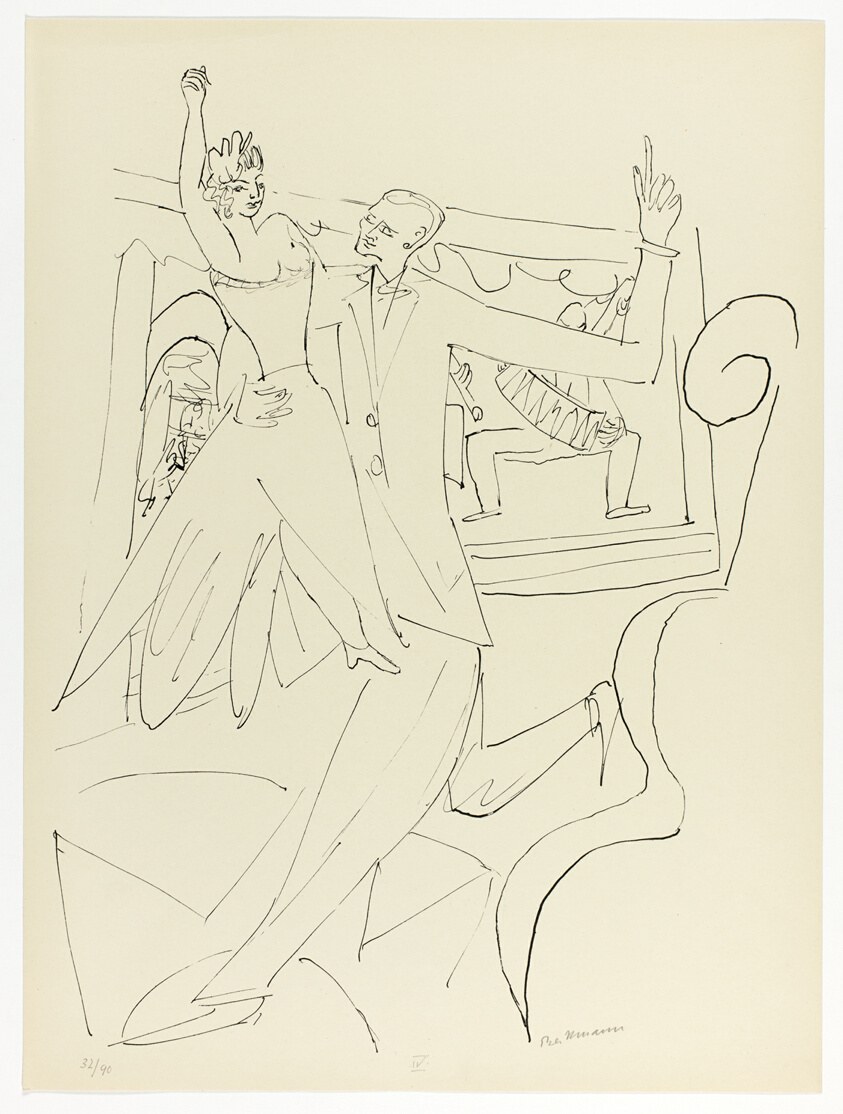 Line drawing of two couples in close ballroom embrace, the foreground woman's arm raised expressively, rendered in loose, gestural strokes.