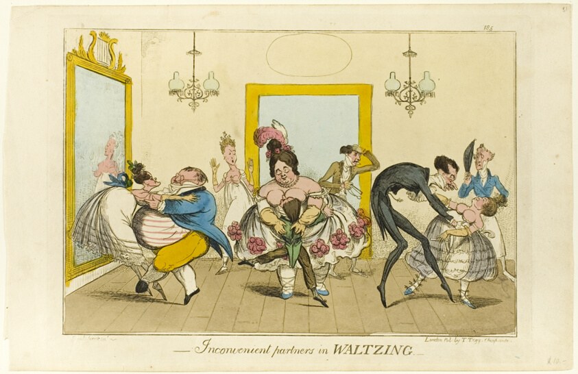 Hand-colored etching: chaotic ballroom scene with couples stumbling through a waltz, bodies collapsing and bending backward in comic disorder.
