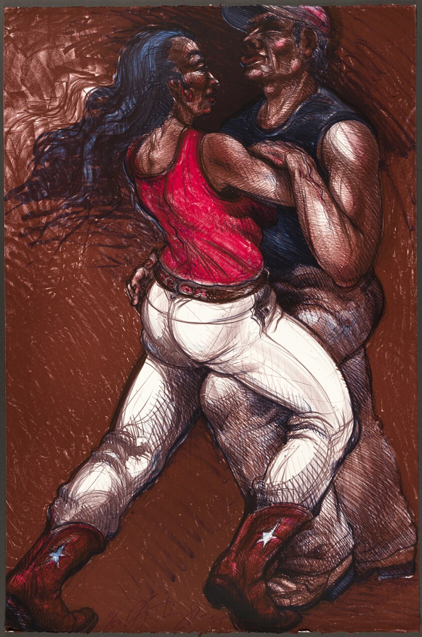 Two dancers in Western boots embrace in profile against a russet background, one in red tank top and white pants, the other shirtless.