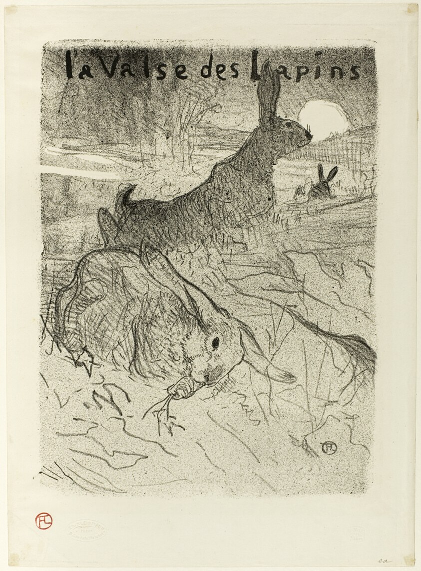 Two anthropomorphic rabbits in formal dress execute a waltz in a lithograph by Toulouse-Lautrec, the male leading with extended arms while his partner